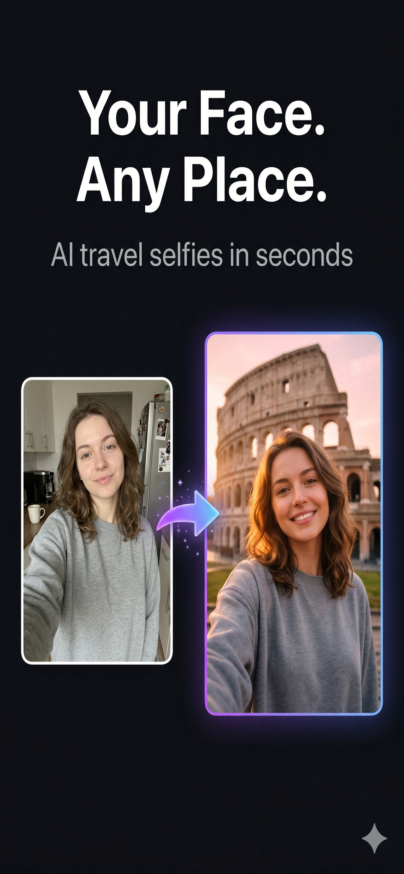 Before and after: casual selfie transformed into a travel selfie at the Colosseum in Rome